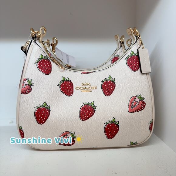 NWT COACH Teri Hobo Bag With Strawberry Print CAL67 Gold/Chalk - Picture 1 of 12